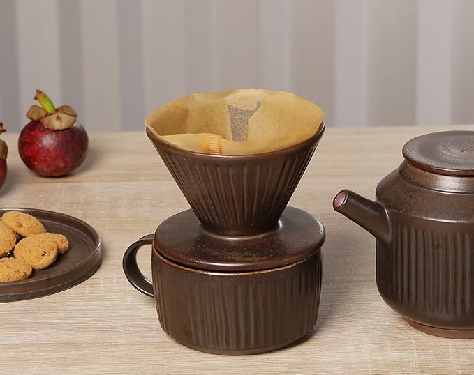 Pottery Pour Over Coffee Maker Ceramic Cone Filter Hand Drip Coffee Dripper Reusable Stoneware Pourover Coffee Brewer Size 02 (Rustic Chocolate Brown)