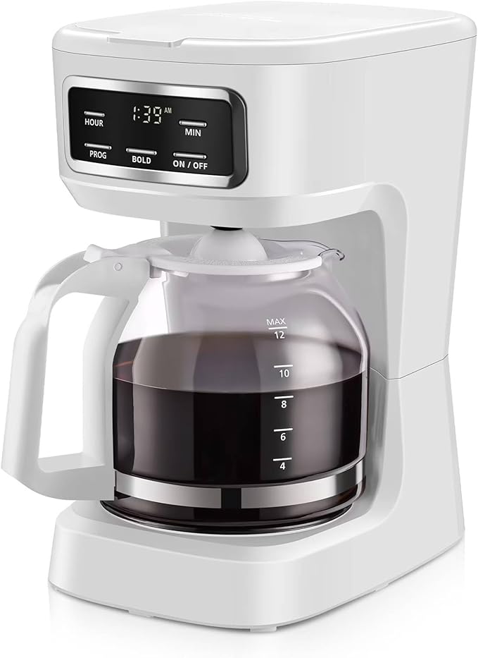 12 Cup Programmable Coffee Maker with Glass Carafe LED Display White