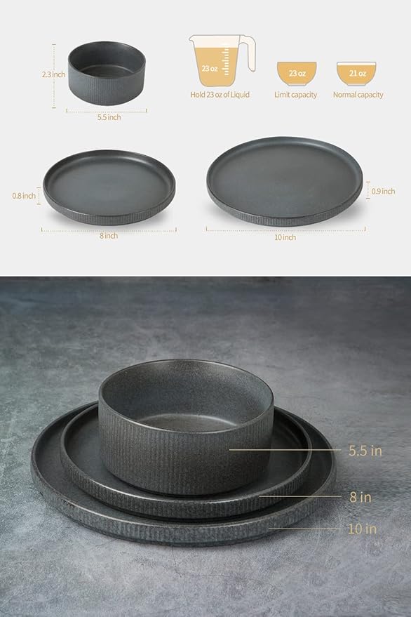 Famiware Dinnerware Set for 4 (12 Piece) and Coffee Mug Set for 6 (12 oz) - Matte Dark Charcoal