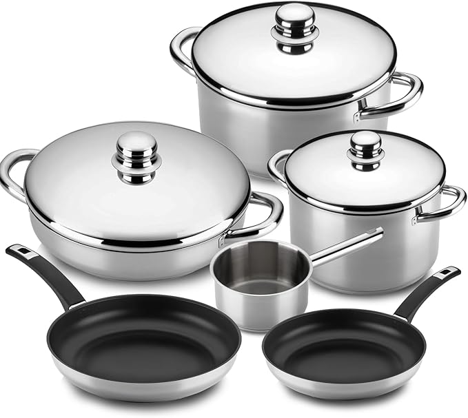 MAGEFESA FAMILY 9-Piece Stainless Steel Cookware Set – Includes Stockpot Stewpot Saucepan Sauté and Skillets – Induction Compatible Dishwasher Safe