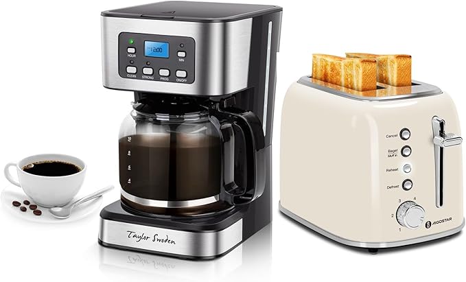Taylor Swoden 12-Cup Programmable Coffee Maker Regular &amp Strong Brew Drip Coffee Machine and Aigostar Toaster 2 Slice Retro Extra-Wide Slot Toasters