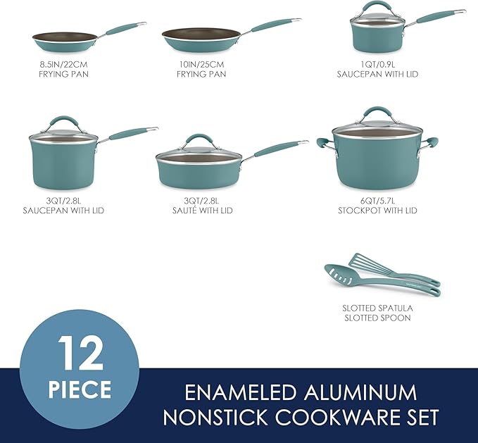 Rachael Ray Cucina Nonstick Cookware Pots and Pans Set 12 Piece Agave Blue