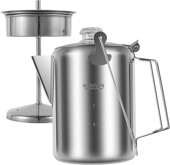 Percolator Coffee Pot with Clear Top Glass KnobCoffee Percolator Stainless Steel Camping Coffee Pot Outdoor Stovetop Coffee Maker for Group Camping Hiking Backpacking Travel 9 Cups