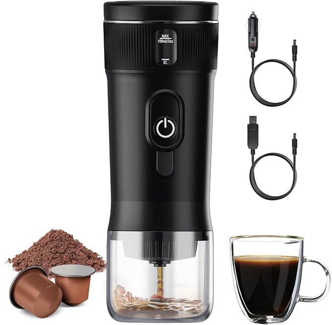 Portable Espresso Machine 100W Self-Heating &amp Car-Ready Compatible with NS Capsules &amp Ground Coffee Ideal for Travel Camping RV Black