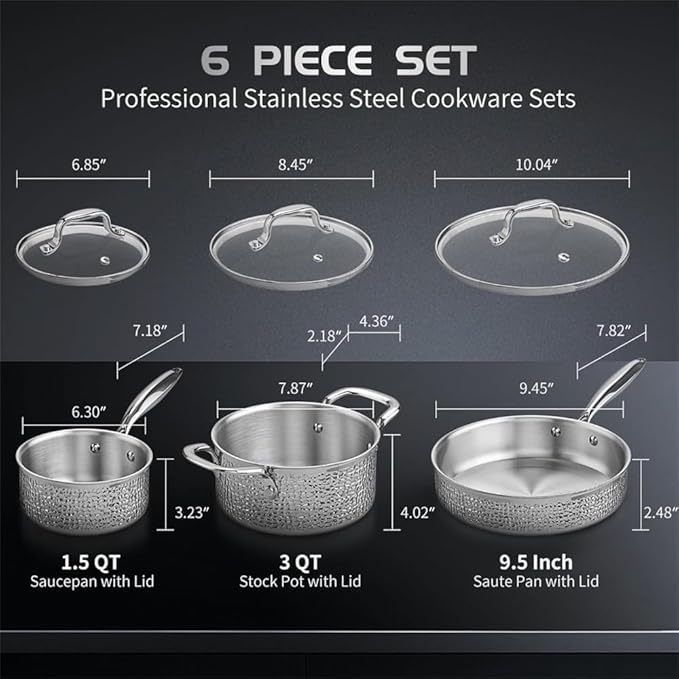 Stainless Steel Hammered Pots and Pans Set with Glass Lid 6Pcs Cookware Set Kitchen Induction Cooking Pot and Pan SetHoneycomb 7PcsA-Hammered 6pcs-A