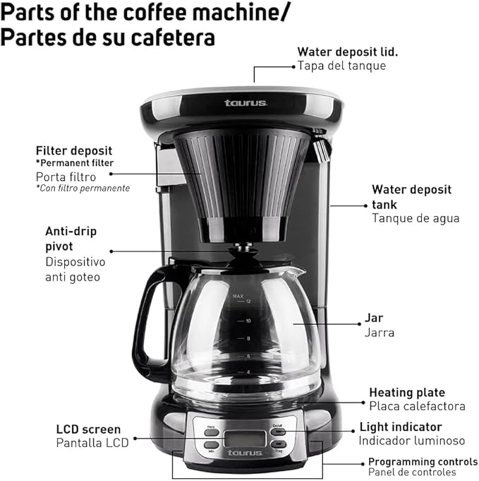 Taurus| Velvet Digital| Programmable Digital Coffee Maker for 24 Hours with Permanent Filter| (700 Watts)| Glass|Black