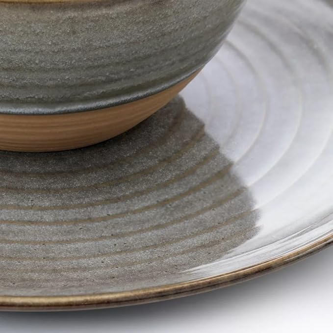 12 Piece Earthenware Dinnerware Set – Reactive Glaze Plates and Bowls with Raw Textured Base Round Ceramic Design Microwave &amp Dishwasher Safe Service for 4 (Gray)