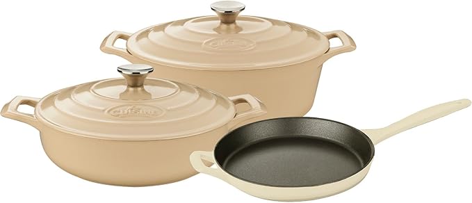 La Cuisine LC 2785 5 Piece Enameled Cast Iron Oval Casserole Cookware Set Cream