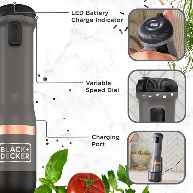 BLACK+DECKER Kitchen Wand Cordless Immersion Blender 6 in 1 Multi Tool Set Hand Blender with Charging Dock Grey (BCKM1016KS01)