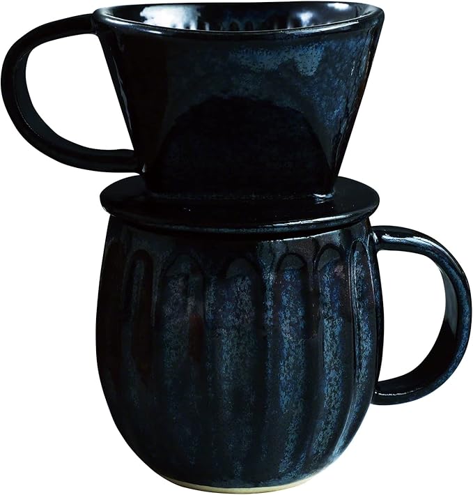 Asayu Japan Ceramic Coffee Pour Over Maker Set in Dark Navy Blue Slow Brewing Paper Filter Holder and Dripper with 3 Holes for Coffee and Tea - Complete 2PCS Set