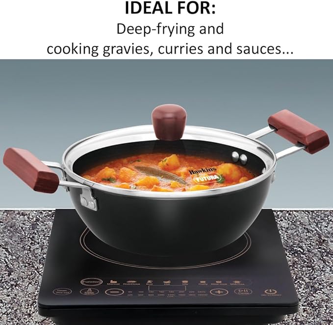 Hawkins Futura 6-Piece Hard Anodised Induction Gift Set - 2L Kadhai 20cm Frying Pan 26cm Tava Glass Lid Stainless Steel Skimmer and Turner (HAGP1)