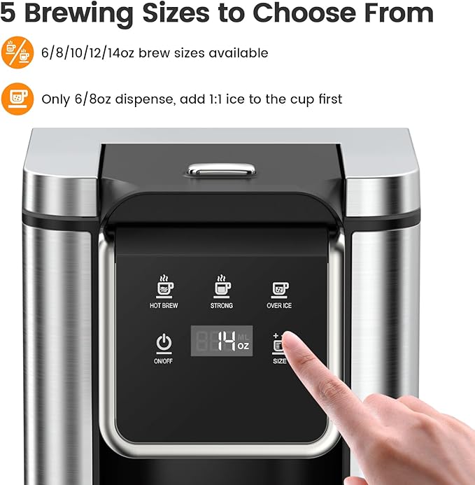 Single Serve Coffee Maker for K-Cup Pod and Grounds Hot and Iced Coffee Maker Strong Button Feature 6 to 14oz Brew Sizes 50oz Removable Tank Up to 6.5 Inch Cup Stainless Steel Black