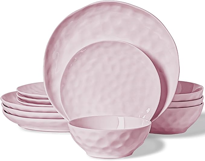 HOMBENE Plates and Bowls Sets Dinnerware Set 12 Piece Service Porcelain Dinnerware for 4 for Dessert Salad and Pasta Sakura Pink Dishes