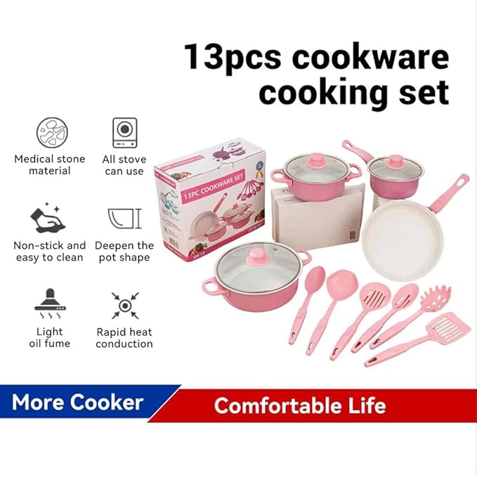 13 Piece Set Cookware Set Non-Stick Portable Lightweight Iron Pots and Pans with Glass Lids and Nylon Utensils for Outdoor Camping Picnic Travel Cookware