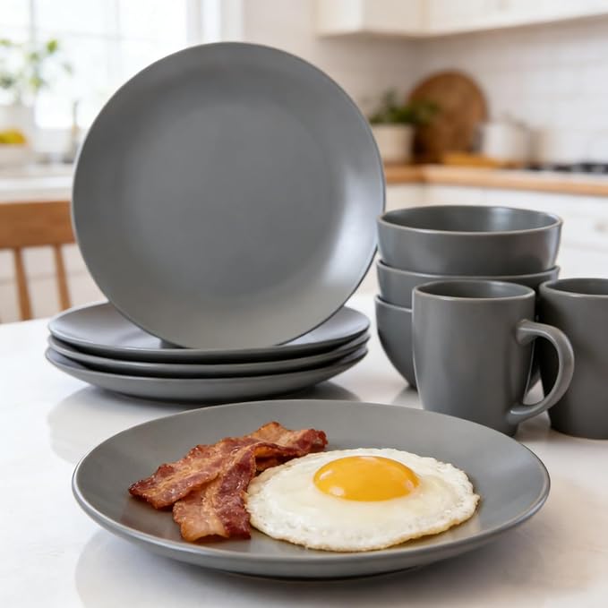 wocaxc16-Pieces Stoneware Dinnerware Set Kitchen Dinnerware Ceramic Crockery Set Dinner Service Set for 4 Include Dinner Plate Dessert Plate Cereal Bowl and Mug. (grey)