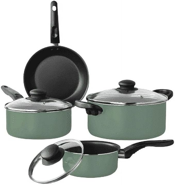 Black 7 Piece Non Stick Aluminum Pots and Pans Set Includes 1QT 2QT Saucepan 4QT Dutch Oven 8 Frying Pan with Lids Dishwasher Safe Cookware for Even Heat Cooking (Green Sage)