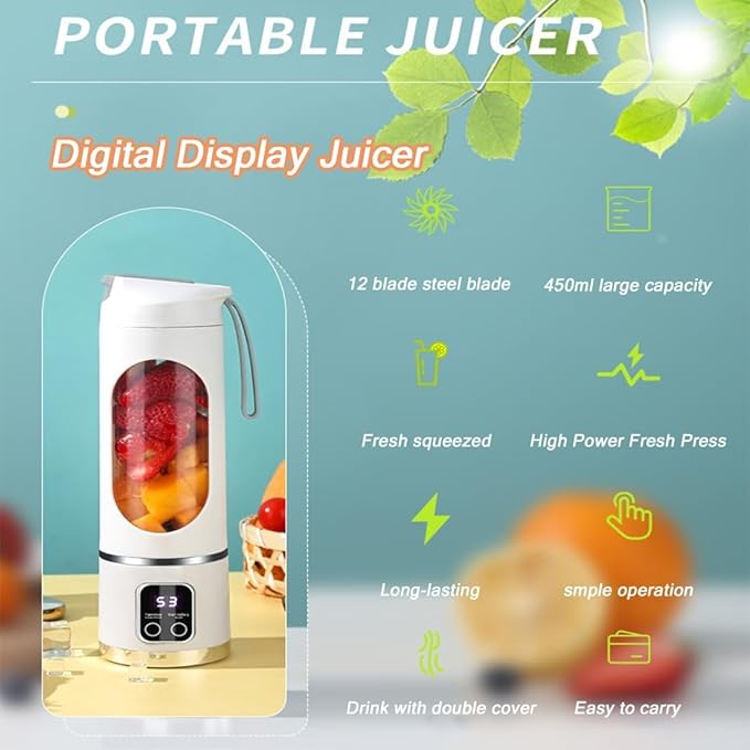 Digital Display Juicer - Smart LED Display 450ml/15.2oz Juicer Shakes and Smoothies Blender with Leakproof Lid Personal Blenders for Home &amp Travel Shakes &amp Baby Food (Green)