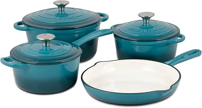 Basque Enameled Cast Iron Cookware Set 7-Piece Set (Biscay Blue) Nonstick Oversized Handles Oven Safe Skillet Saucepan Small Dutch Oven Large Dutch Oven 10.25 2QT 2.25QT 4.75QT