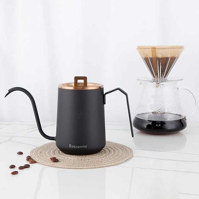 Easyworkz Gooseneck Pour Over Coffee Kettle 20 oz Stainless Steel Hand Drip Coffee Pot With Long Narrow Spout Rose Gold Black