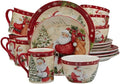 16 Piece Beautiful Round Ceramic Christmas Dinnerware Set Modern Holiday Themed Design Colorful Beige Red Dish Set Break Chip Resistant Durable Service for 4 Dinner/Desert Plates Bowls &amp Mugs