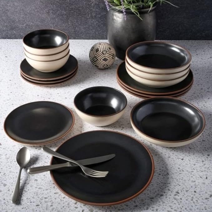 Sleek &amp Artistic 16 Piece Elegant 2 Toned Rustic Dinnerware Set for 4 | Matte Glaze Finish With Striking Detail Black/Beige Color Smooth Textured |Microwave &amp Dishwasher Safe Luxury Modern App