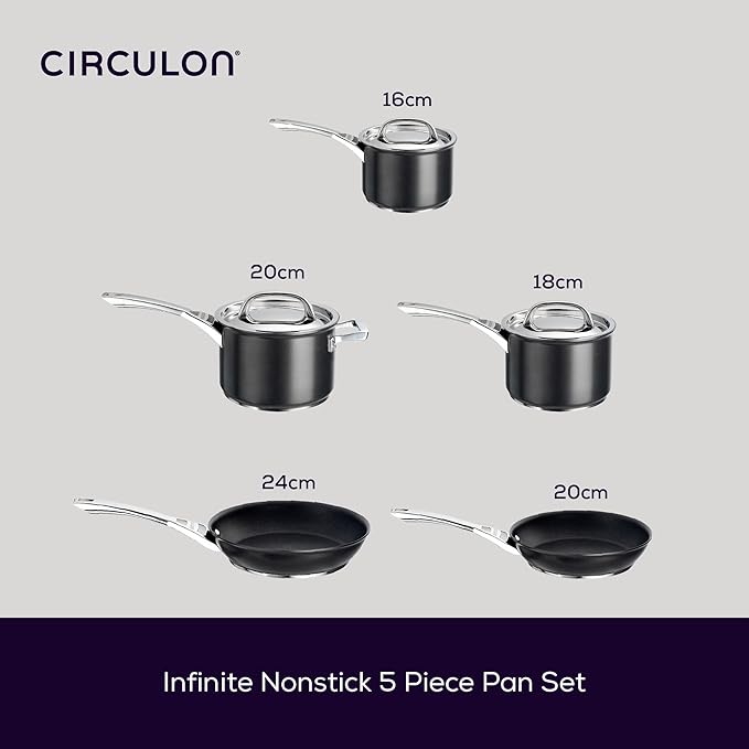 Circulon Infinite Induction Hob Pan Set of 5 - Non Stick Pots and Pans Sets with Stainless Steel Lids &amp Handles Premium Dishwasher Safe Cookware Black