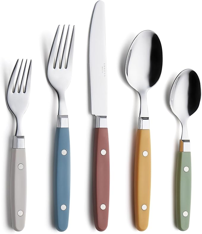 ANNOVA Silverware Set Retro/Rivet Colorful Stainless Steel Tableware Kitchen Flatware Set Utensils Includes Dinner Knives Forks Spoons Salad Forks &amp Dessert Spoons (Morandi Mix 20 Pieces)
