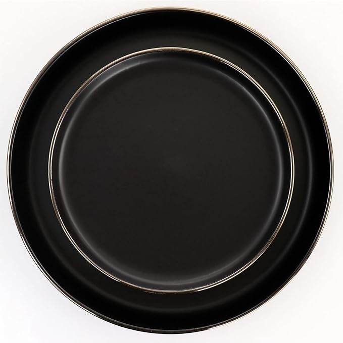 16 Piece Stoneware Dinnerware Set with Gold Rim – Matte Black White &amp Slate Plates Bowls and Mugs – Microwave &amp Dishwasher Safe Tableware Set for 4 (Matte Black)
