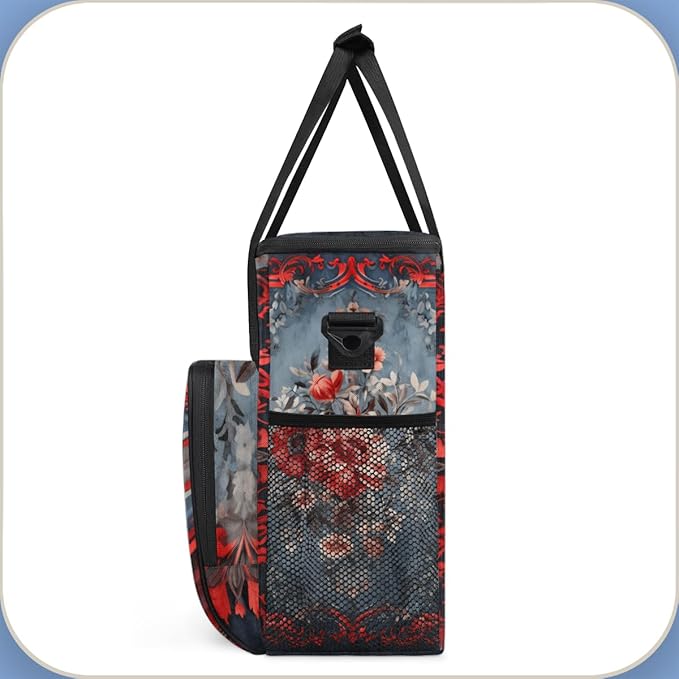 Rich Damask Coffee Maker Carrying Bag Vintage Flower Travel Storage Bag Compatible with K-Mini or K-Mini Plus Single Serve Coffee Brewer Carrying Case with Multiple Pockets &amp Shoulder Strap