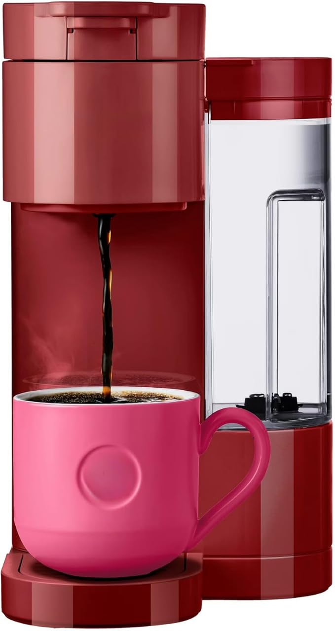 Express Essentials Single-Serve KCup Pod Coffee Maker 3 Cup Sizes Fast Fresh Brew 30oz Removable Water Reservoir Travel Mug Friendly Maintenance Alert Space-Saving (Red)