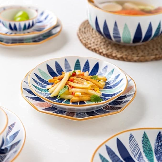 18 Pcs Dinnerware Sets Hand Painted Leaf Pattern Porcelain Tableware Set With Plates And Bowls Ceramic Dinner Set For Home Kitchen