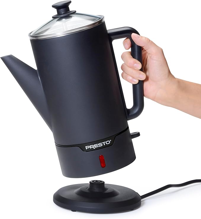 Presto 02815 12-Cup Cordless Coffee Percolator - Stainless Steel Modern Design Easy Pour Spout Stay-Cool Handle Matte-Black