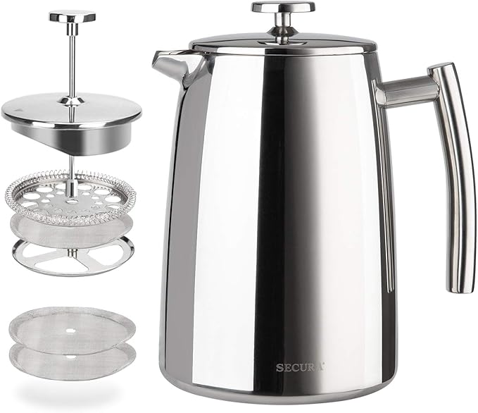 Secura French Press Coffee Maker 34-Ounce 304 Stainless Steel Insulated Coffee Press with Extra Screen