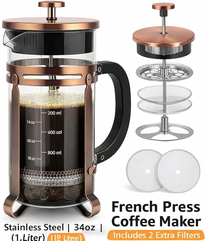 French Press Coffee Maker 34Oz Coffee Press with 304 Stainless Steel 4 Filters Borosilicate Glass Heat Resistant Carafe 100% BPA-Free Teapot &amp Coffee Press Copper Finish