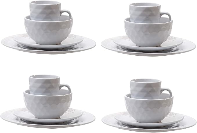 A&ampB Home Large 16 Piece Dinnerware Set Glossy Cream Stoneware Plates Bowls Mugs French Country Geometric Design Kitchenware Serves 4 People