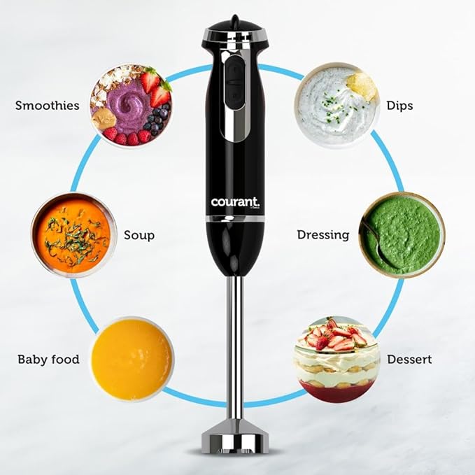 Courant Immersion Hand Blender with Variable Speed Stainless Steel Blades for Smoothies Purees and Soups Easy-Grip Control (Black)