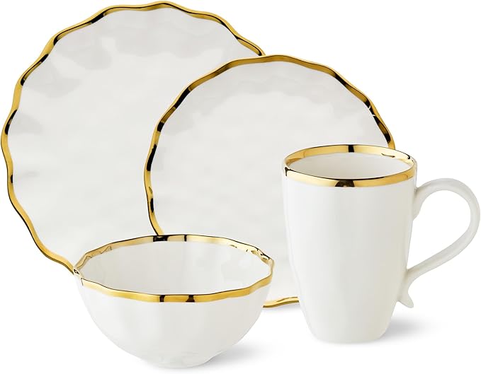 Regency Gold 16-Piece Dinnerware Set – Elegant Gold Rimmed Porcelain Plates Bowls &amp Mugs – Service for 4 – Sophisticated Dining Set for Everyday Meals Holiday Gatherings &amp Wedding Gifts