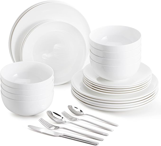 KINGSTONE Bone China Dinnerware Set for 8 with 40 Piece Silverware Set for 8 Dishwasher Safe Tableware for Daily Use with Elegant Design