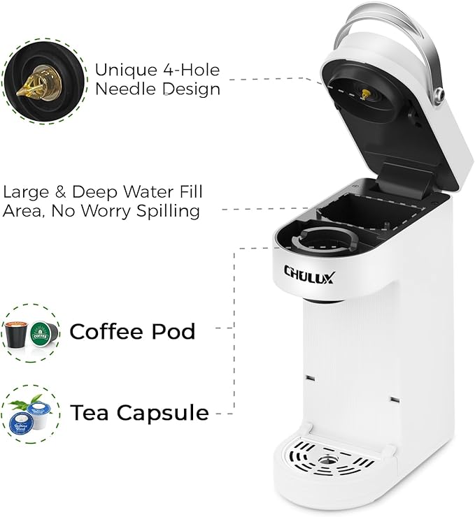 CHULUX Slim Single Serve Coffee Maker for K Pod One Cup Coffee Maker Fits 7.3 Travel Mugs Coffee Machine with 6 to 12oz Brew Sizes Pearl White