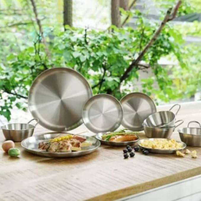 Outdoor Camping Dinnerware SetStainless Steel Plates and Bowls Camping Set 10PStainless 304 for Camping Hiking Beach Outdoor Use
