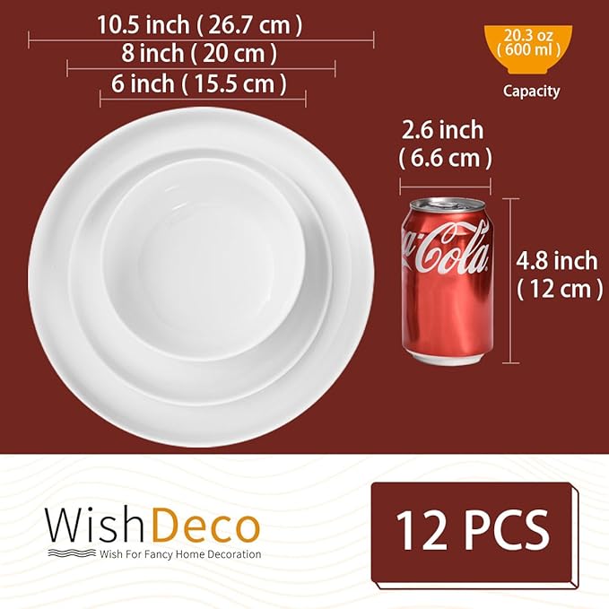 Plates and Bowls Sets 12 Pieces Dinnerware Sets Ceramic Dishes Set for 4 White Kitchen Dishware Set Microwave and Dishwasher Safe