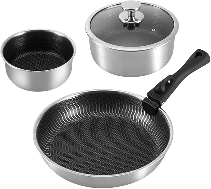 2/3PCS Pots and Pans Set Stainless Steel Kitchen Cookware Set Removable Handle Cookware Outdoor Camping Nonstick Frying Pan Soup Pot Stackable Easy to Clean (3PCS)