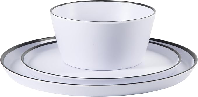 Gibson Home Folsom Shores 12 Piece Unbreakable Modern Melamine Plates and Bowls Dinnerware Set - Outdoor Camping &amp Everyday Use - White W/Black Rim