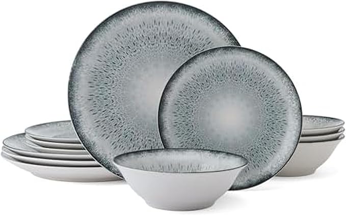 Mikasa Matteo 12 Piece Dinnerware Plate Bowl Set Servie for 4 Gray