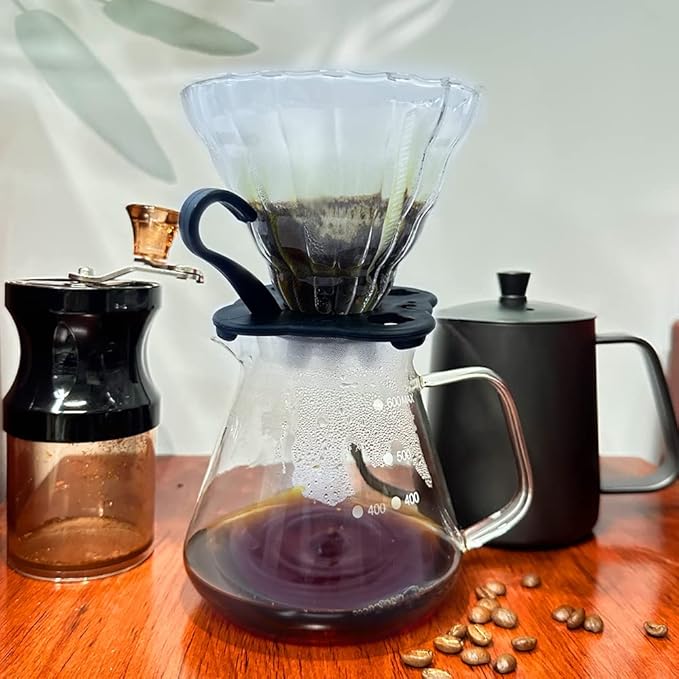 DS&ampDV Coffee Set Incl. Coffee Scale Glass DriperManual GrinterPour Over KettlePaper FiltersDouble Wall Mug for Camping and Travelling (8 in 1 Coffee Makers)