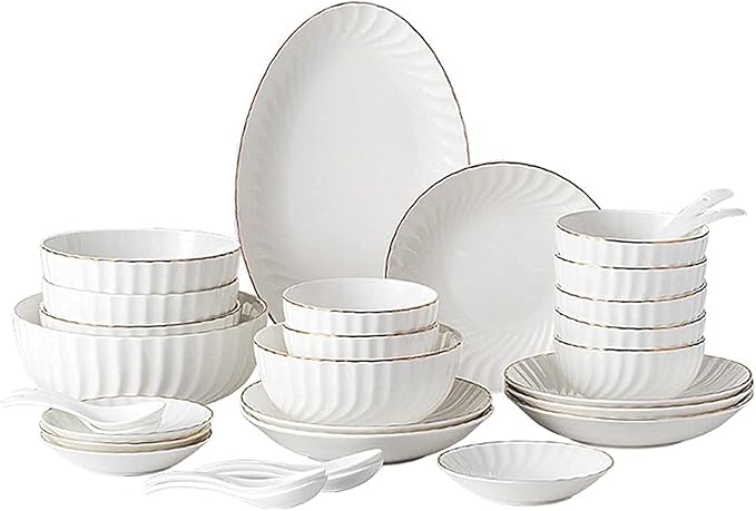 32-Piece White Dinnerware SetsModern European Dinner Plate and Bowl SetTable Service for 6-8Phnom Penh High-End Tableware Set Microwave SafeDessert/Soup/Sal