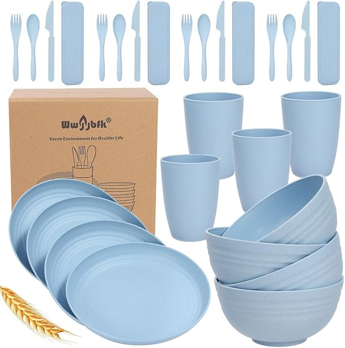 Wheat Straw Dinnerware Sets for 4 Wheat Straw Plates and Bowls Sets Kitchen Dishes 28pcs College Dorm Room Essentials Cutlery Set Microwave Safe (Blue)