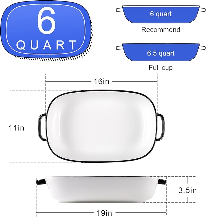 6 Quart Large Rectangular Baking Dish 16x11 Inches Ceramic Baking Pan Casserole Dish for CookingKitchen and Daily Use Safe for Oven Microwave Refrigerator Disinfection Cabinet and DishwasherWhite