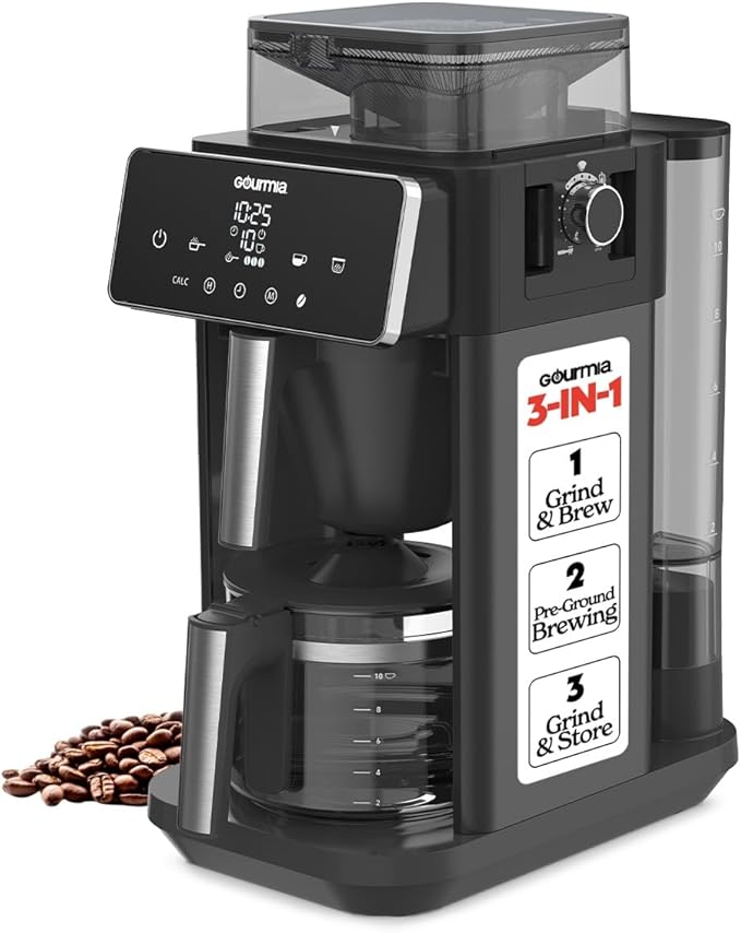 Gourmia 10 Cup Grind &amp Brew Coffee Maker - Built-In Burr Grinder 3 Brew Strengths Programmable Digital Display Pause &amp Serve Keep Warm Auto Shut Off Black