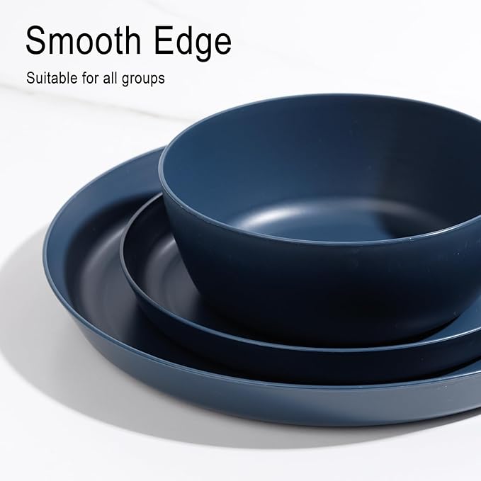 EI 12pcs Dark Blue Wheat Straw Dinnerware SetWheat Straw PlatesPlastic Plates ReusablePlate and Bowls SetsUnbreakable Plastic Plate for Dinner CampingPicnic